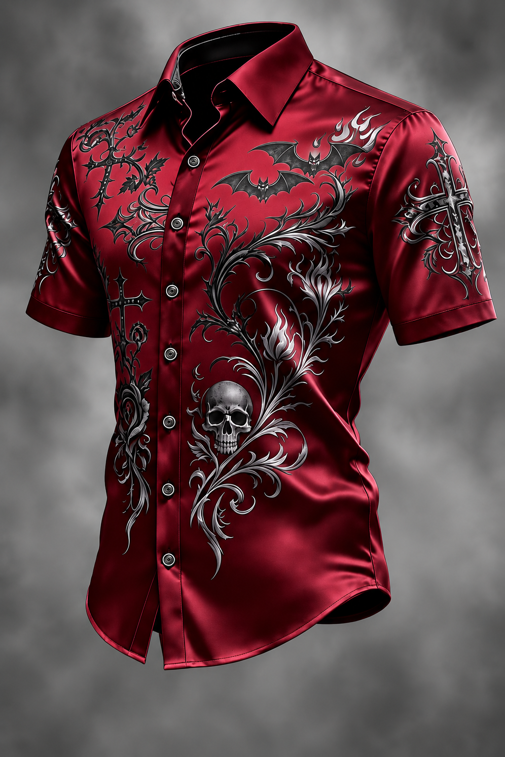 Breathable Silk Satin  Subtle Bat Pattern Halloween Style Casual Shirt