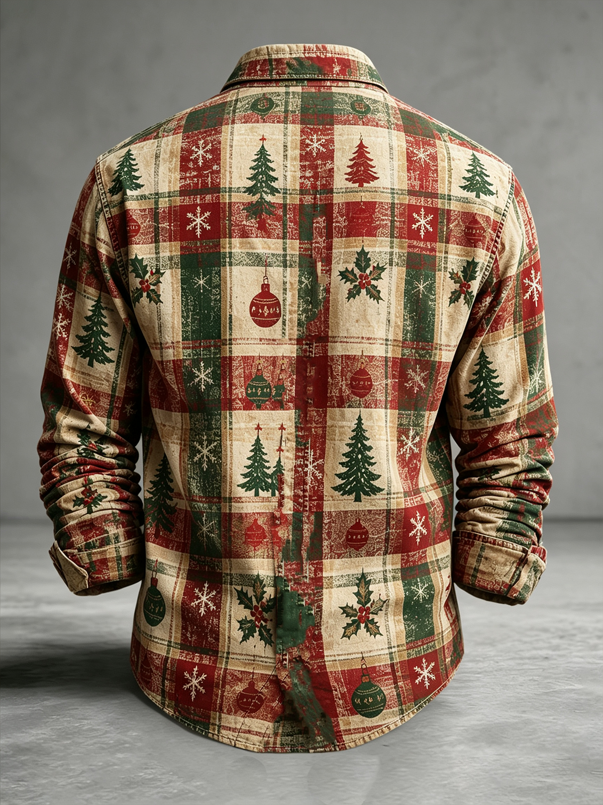 Moisture-Wicking  Christmas Tree Plaid Chest Pocket Long-Sleeve Casual Shirt