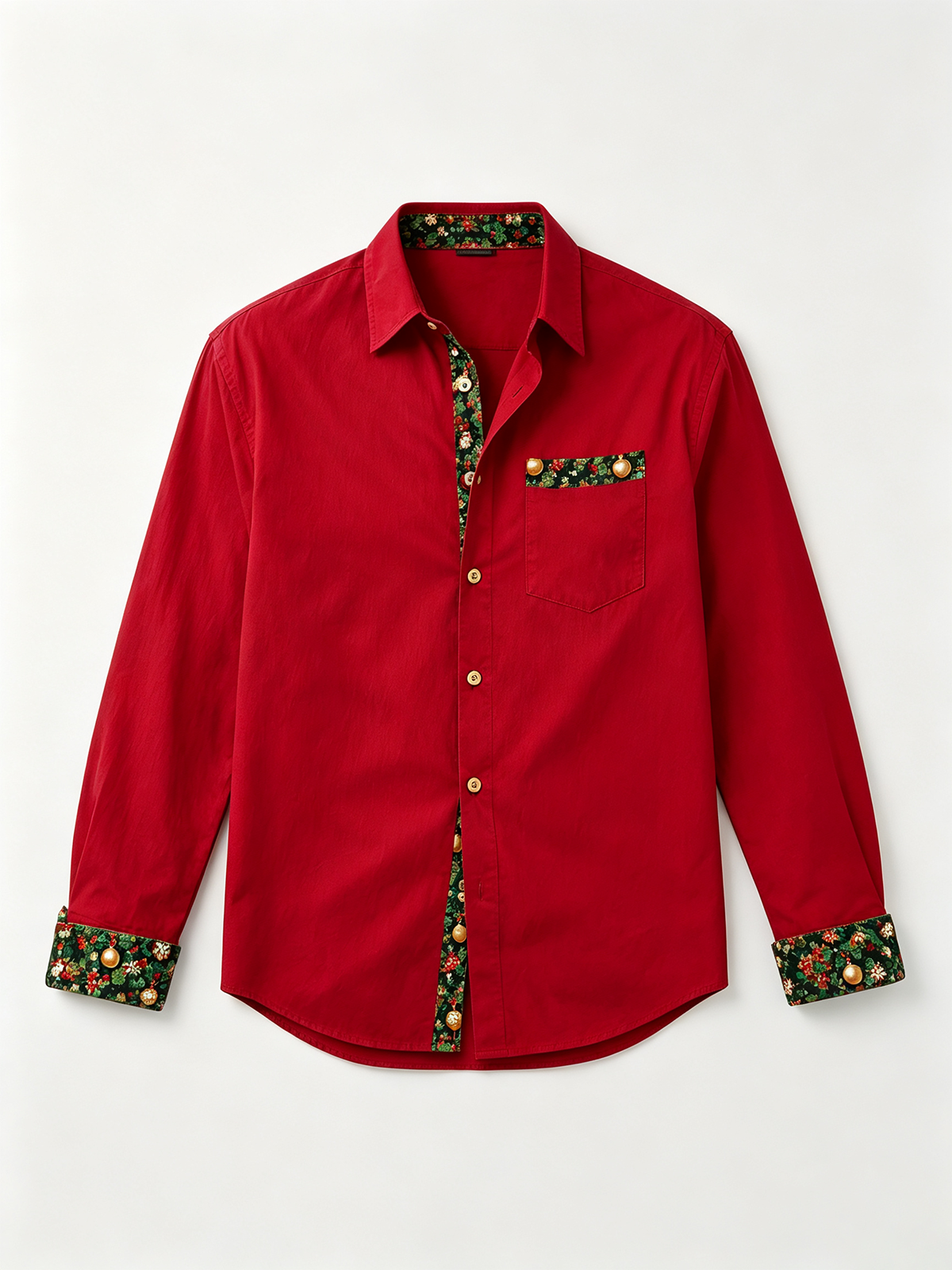 Moisture-Wicking Solid-Color Patchwork Christmas-Themed Chest Pocket Long-Sleeve Casual Shirt