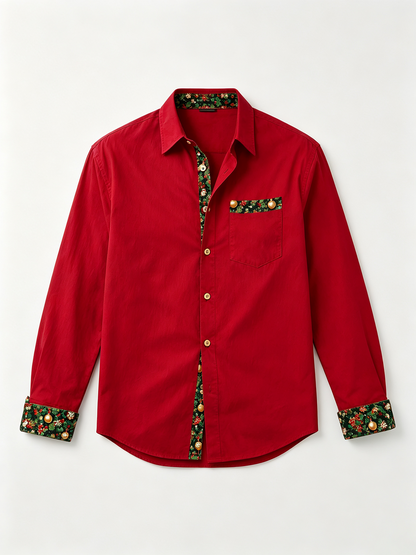 Moisture-Wicking Solid-Color Patchwork Christmas-Themed Chest Pocket Long-Sleeve Casual Shirt