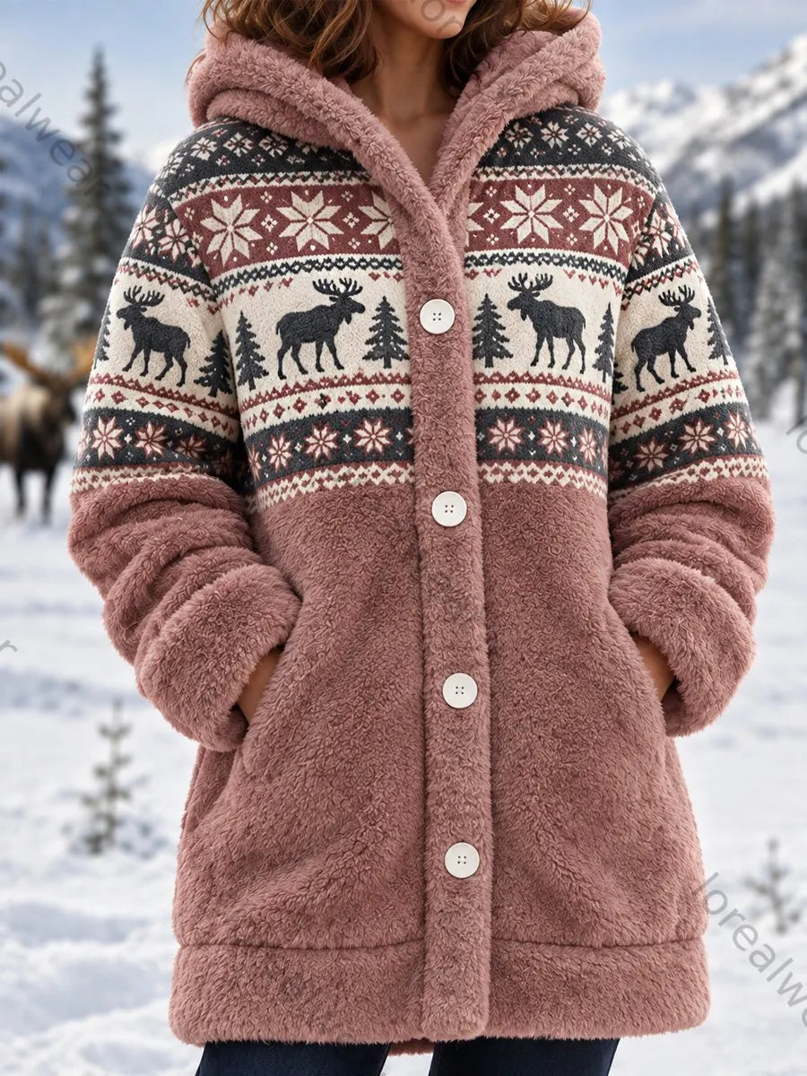 Women's Winter Moose Print Casual Flannel Hooded Coat