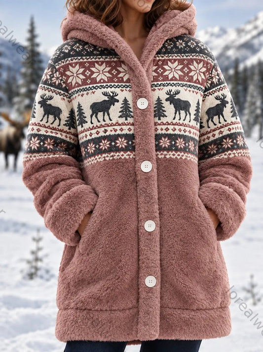 Women's Winter Moose Print Casual Flannel Hooded Coat