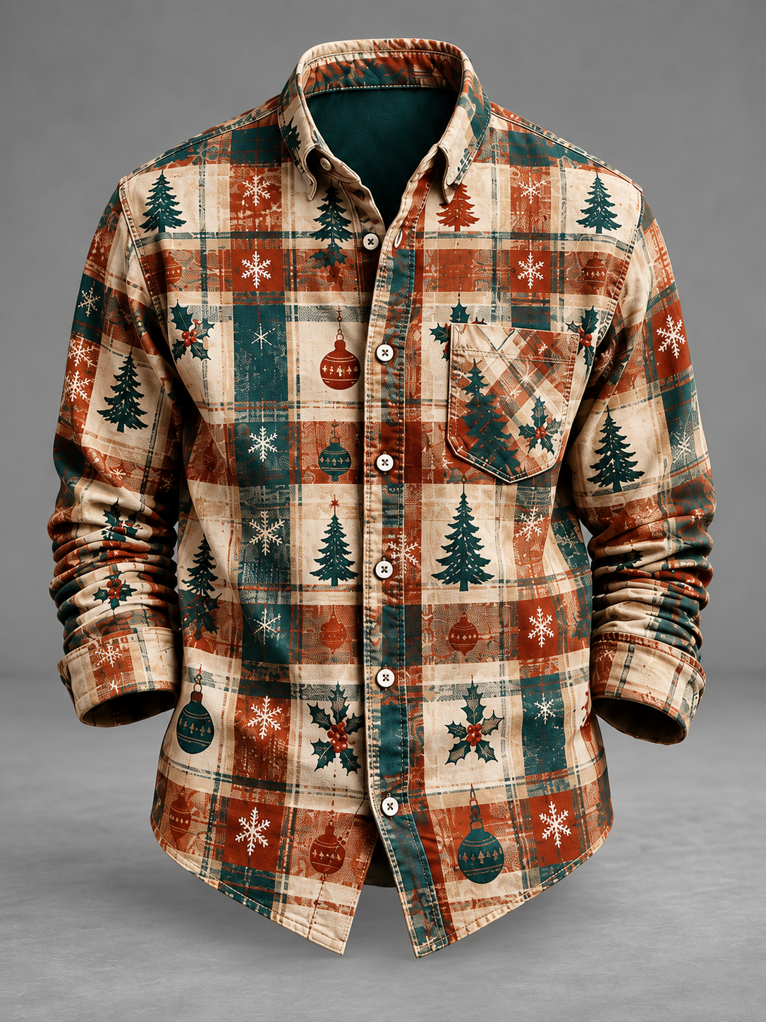 Moisture-Wicking  Christmas Tree Plaid Chest Pocket Long-Sleeve Casual Shirt