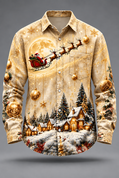 Moisture-Wicking  Christmas Santa Reindeer Tree  Chest Pocket Long-Sleeve Casual Shirt
