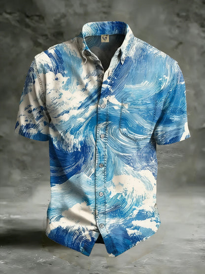 Moisture Wicking  Abstract Gradient Waves and Chest Pocket Holiday Hawaiian Shirt