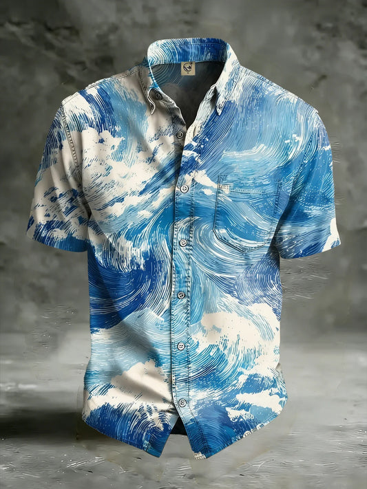 Moisture Wicking  Abstract Gradient Waves and Chest Pocket Holiday Hawaiian Shirt