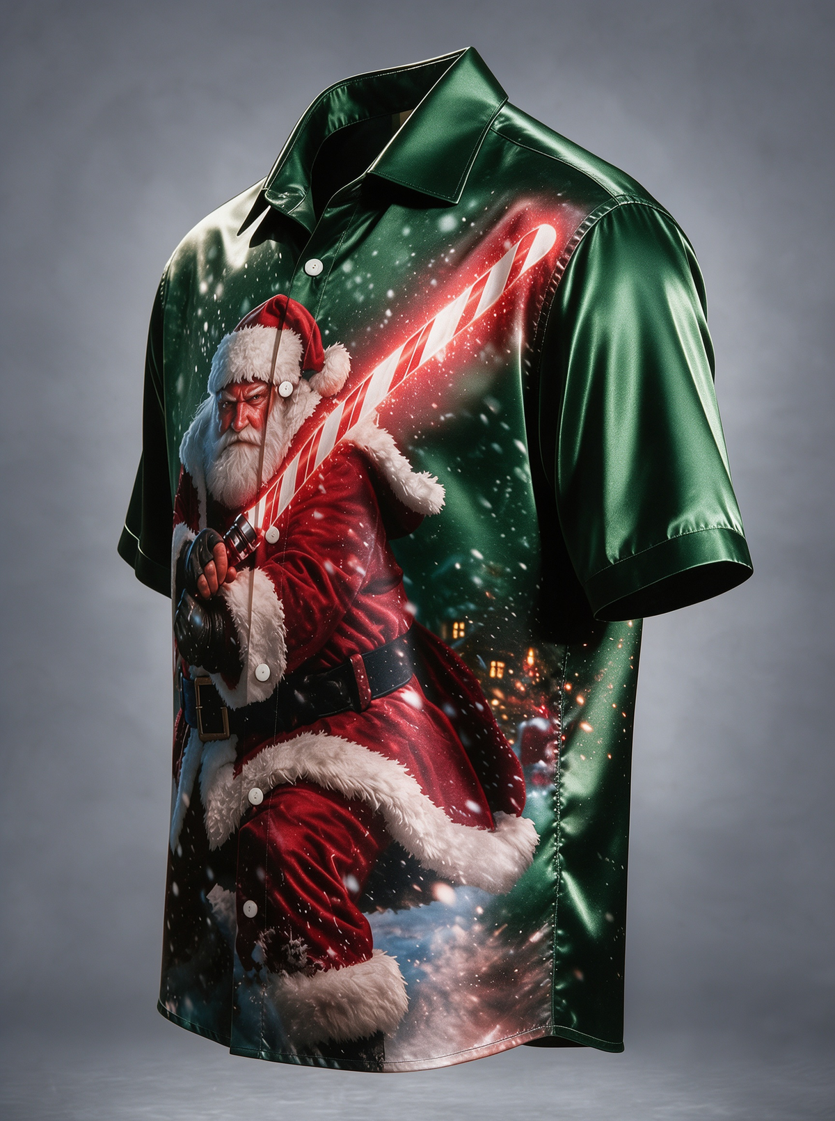 Breathable Silk Satin Christmas Sci‑Fi Warrior Santa Claus Candy Cane Lightsaber Winter Snow Scene Ocket Holiday Hawaiian Shirt