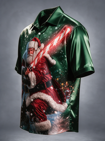 Breathable Silk Satin Christmas Sci‑Fi Warrior Santa Claus Candy Cane Lightsaber Winter Snow Scene Ocket Holiday Hawaiian Shirt