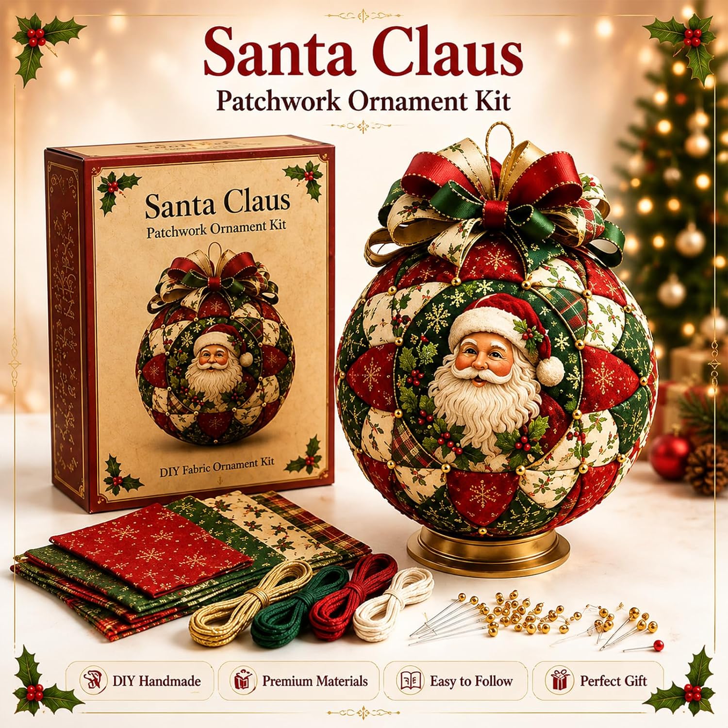 Christmas Classics Patchwork Ornament DIY Kit - Handmade Fabric Holiday Decor - Snowman, Santa & More