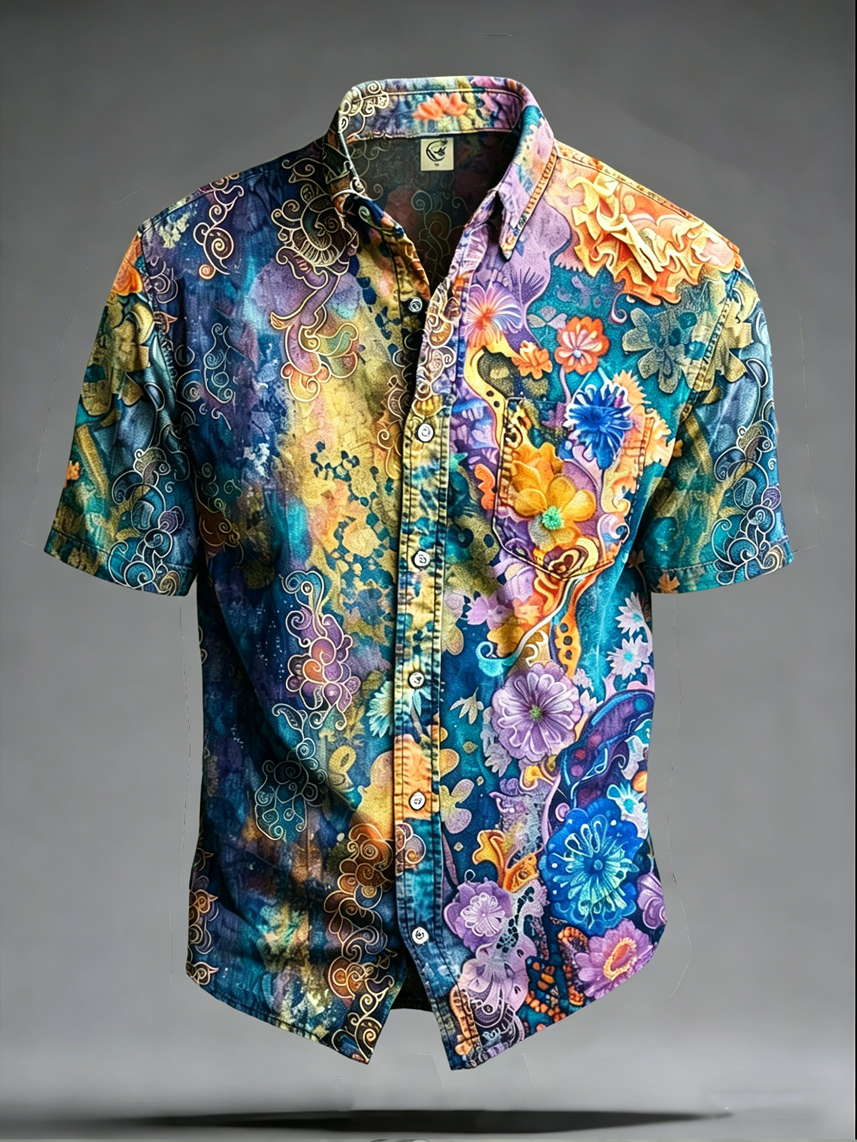 Moisture-Wicking Abstract Gradient Floral Print Chest Pocket Hawaiian Shirt