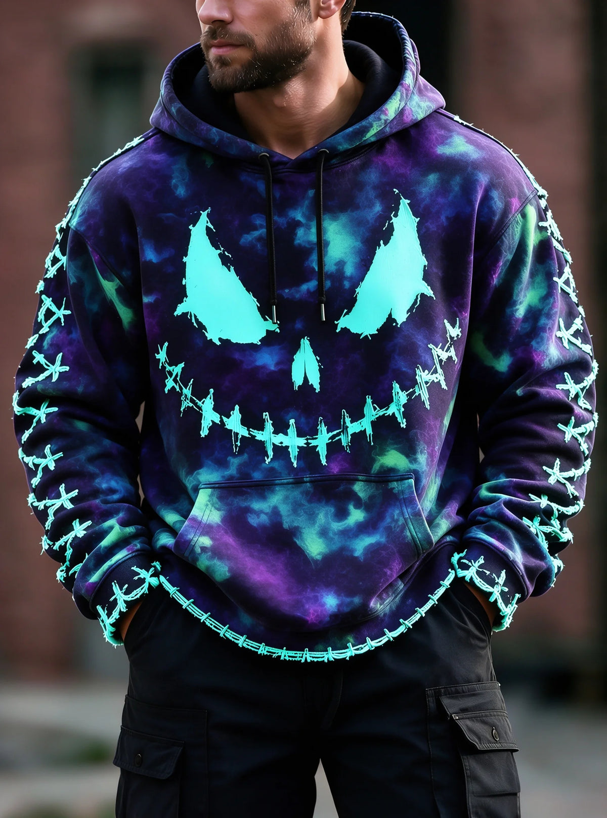 Halloween Stitched Pumpkin Face Cross‑Stitch Gothic Kangaroo-Pocket Hoodie Sweatshirt