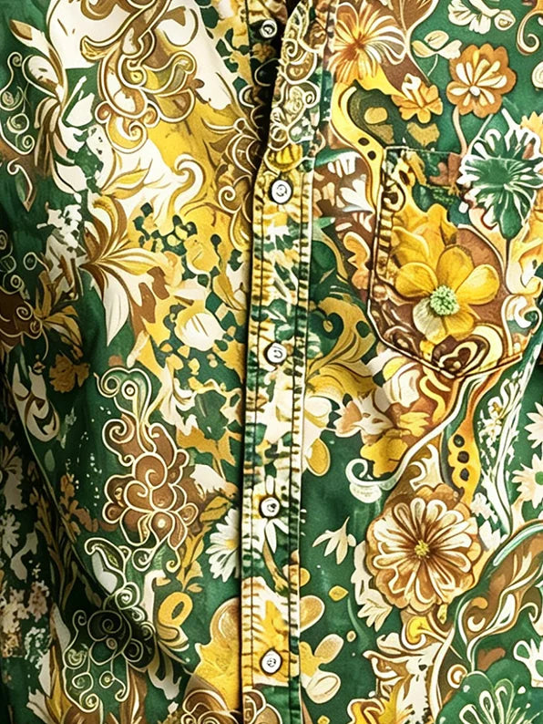 Moisture-Wicking Abstract Gradient Floral Print Chest Pocket Hawaiian Shirt
