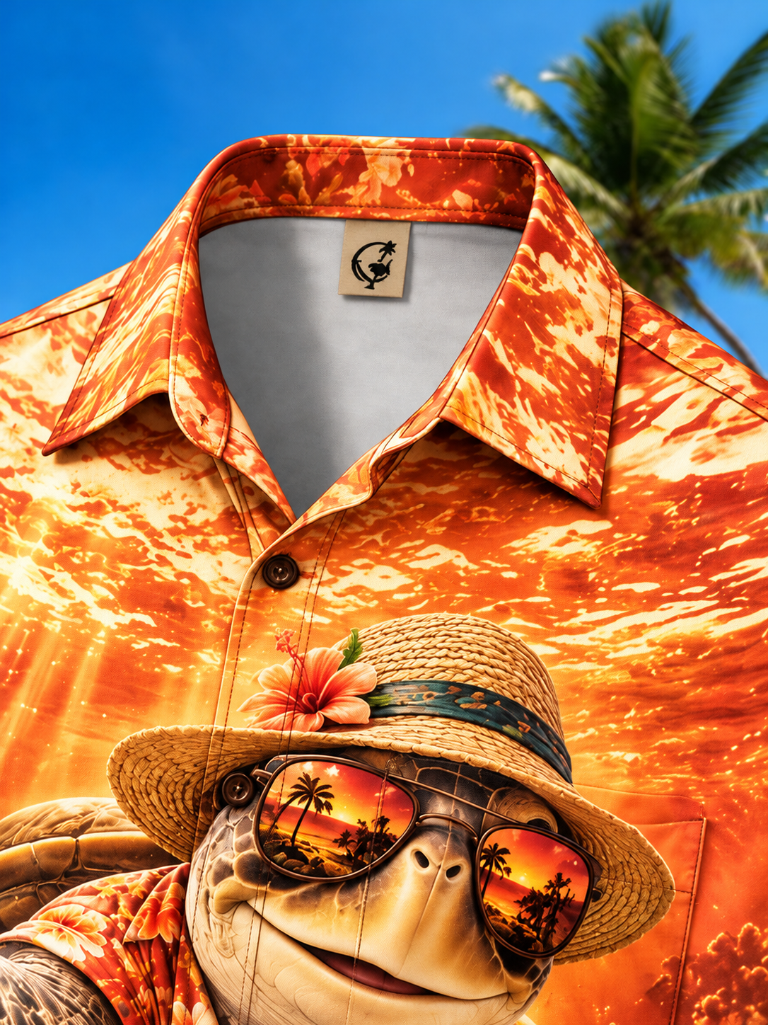 Moisture-Wicking Funny Sea Turtle Straw Hat Sunglasses Underwater Coral Reef Tropical Fish Chest Pocket Hawaiian Shirt