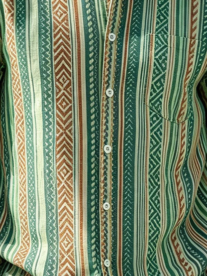 Linen-Texture Geometric Stripe  Chest Pocket Holiday Hawaiian Shirt