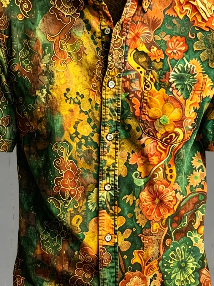 Moisture-Wicking Abstract Gradient Floral Print Chest Pocket Hawaiian Shirt