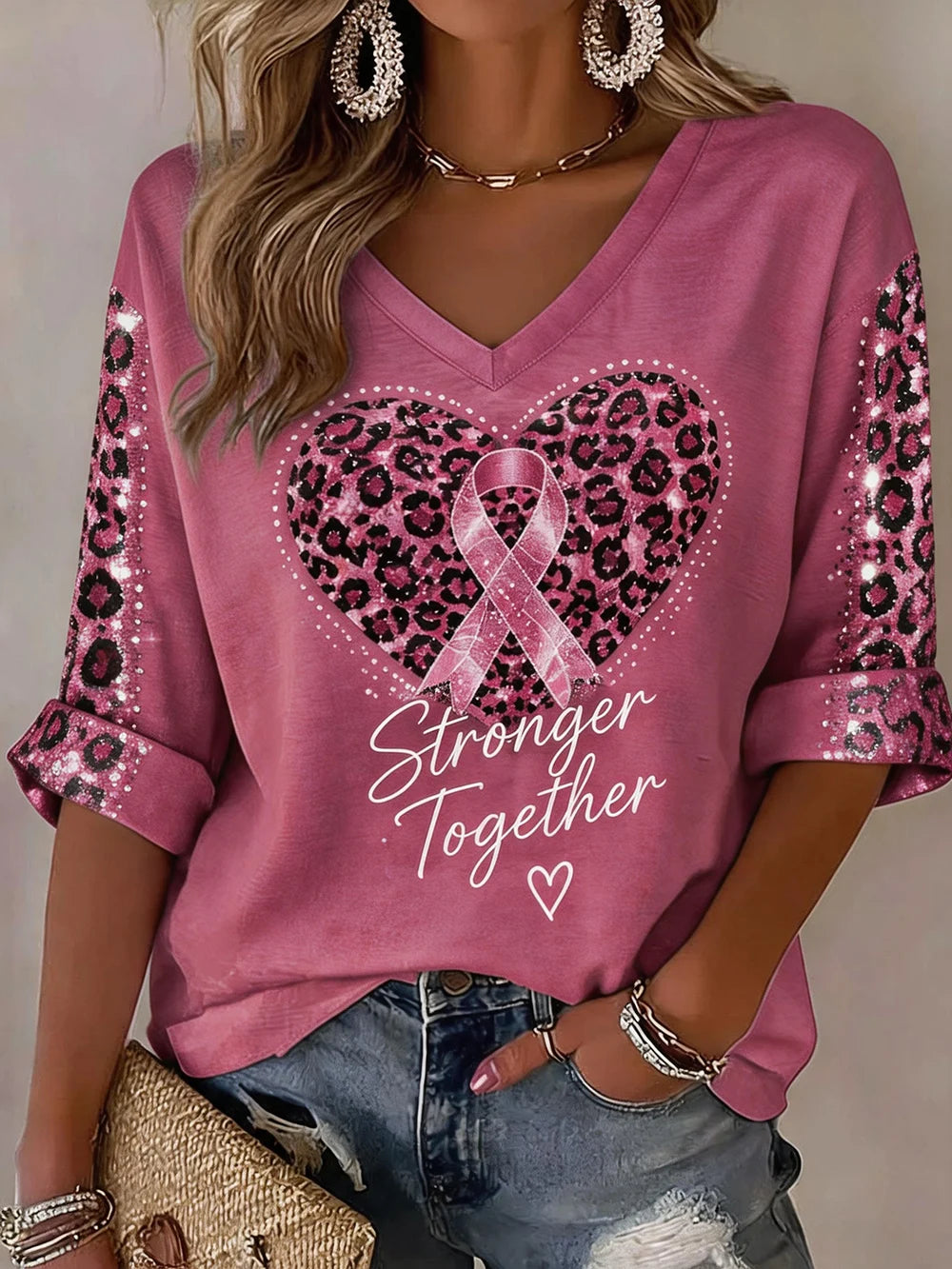 Women's Breast Cancer Awareness Print V-Neck T-Shirt