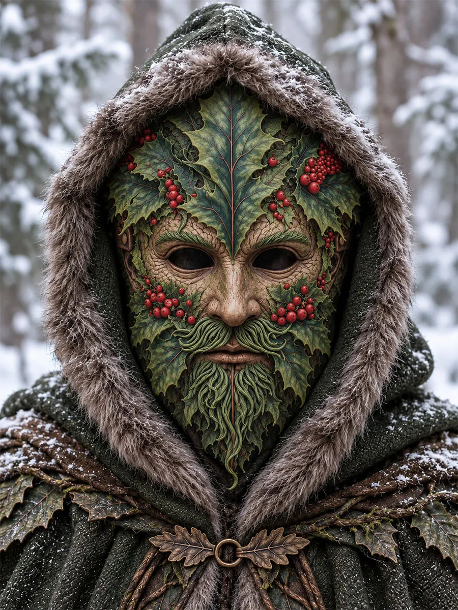 Winter Holly Green Man Face Mask – Mystical Woodland Guardian Fantasy Mask