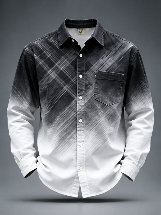 Moisture-Wicking Abstract Geometric Gradient Line Chest Pocket  Long-Sleeve Casual Shirt