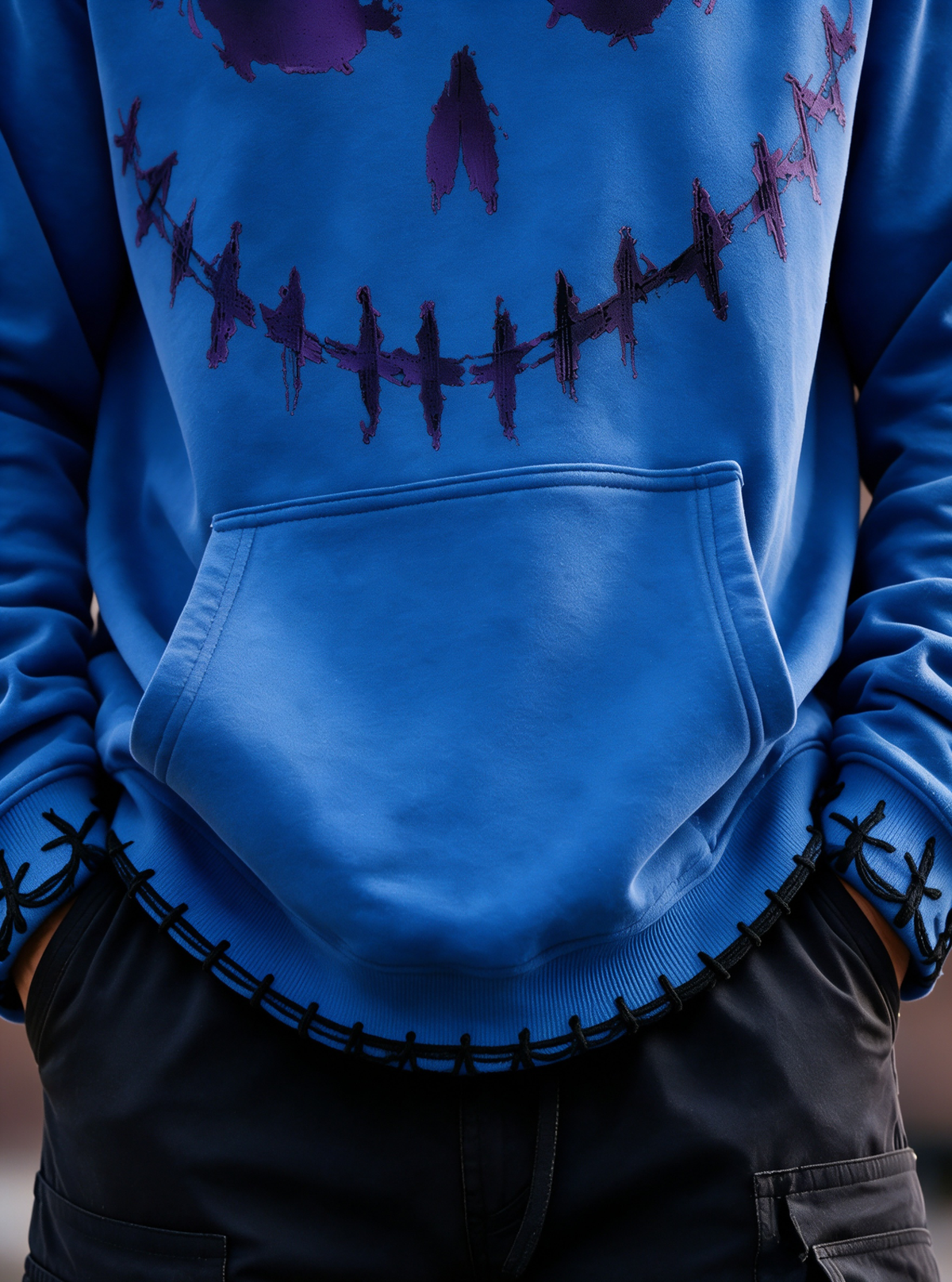 Halloween Stitched Pumpkin Face Cross‑Stitch Gothic Kangaroo-Pocket Hoodie Sweatshirt