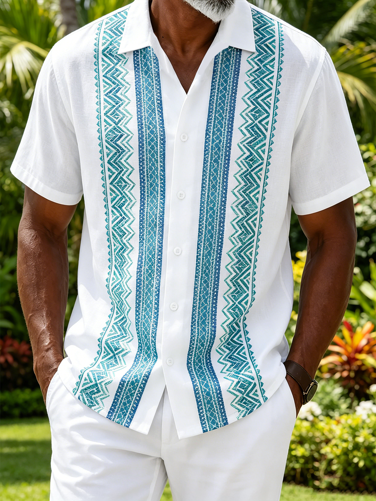 Linen-Texture Abstract Striped Chest Pocket Casual Guayabera Shirt