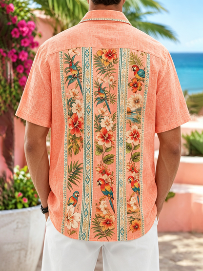 Linen-Texture Geometric Stripe & Parrot Floral Guayabera Shirt