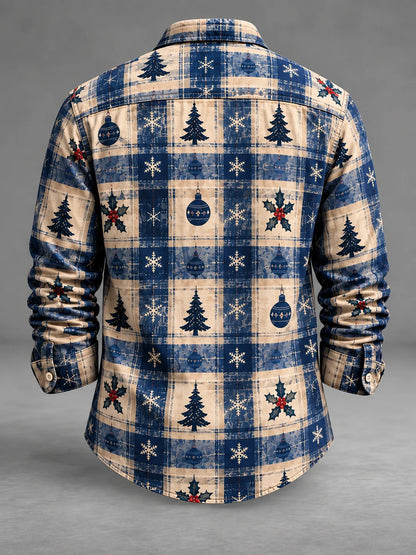 Moisture-Wicking  Christmas Tree Plaid Chest Pocket Long-Sleeve Casual Shirt