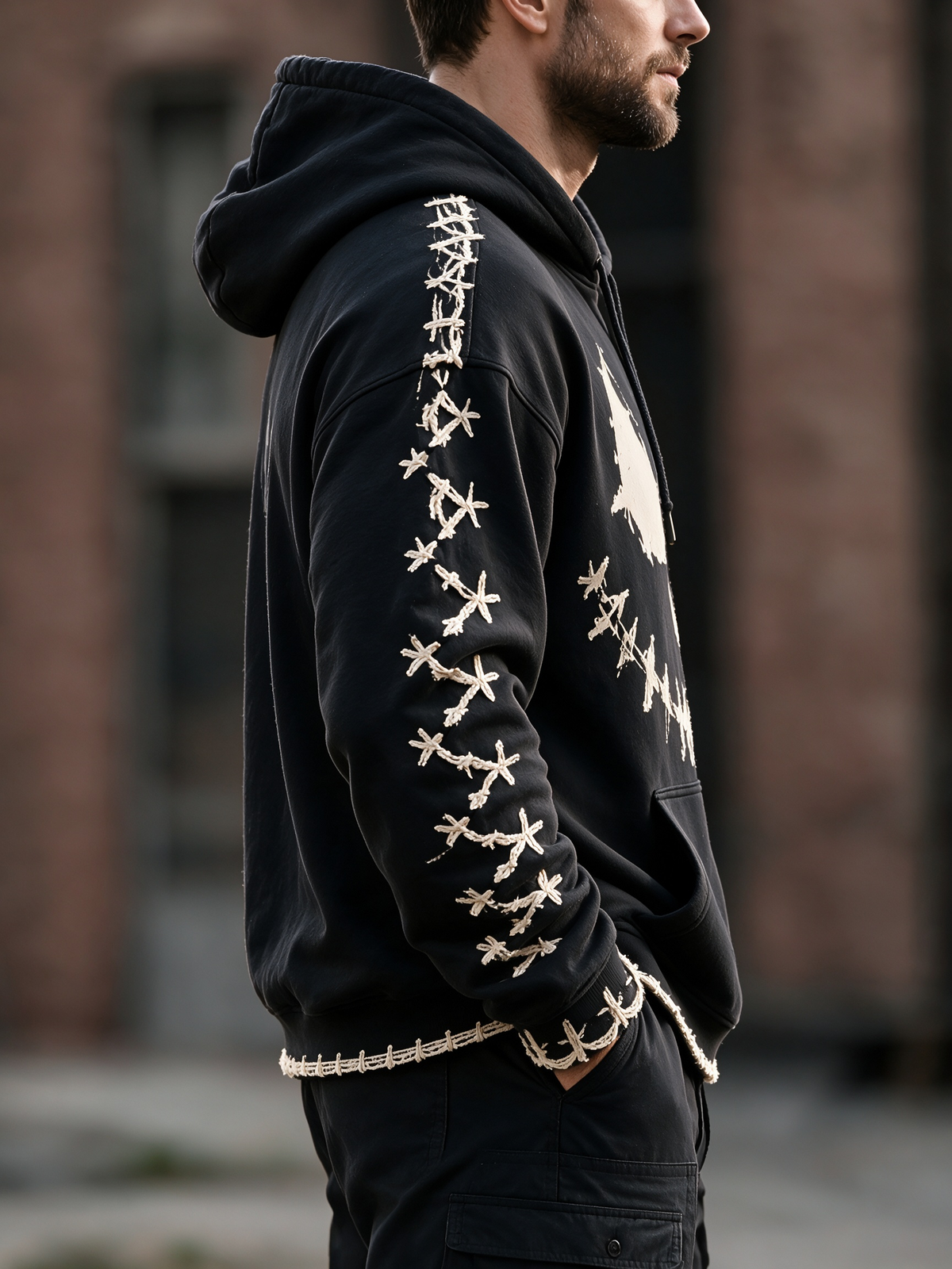 Halloween Stitched Pumpkin Face Cross‑Stitch Gothic Kangaroo-Pocket Hoodie Sweatshirt