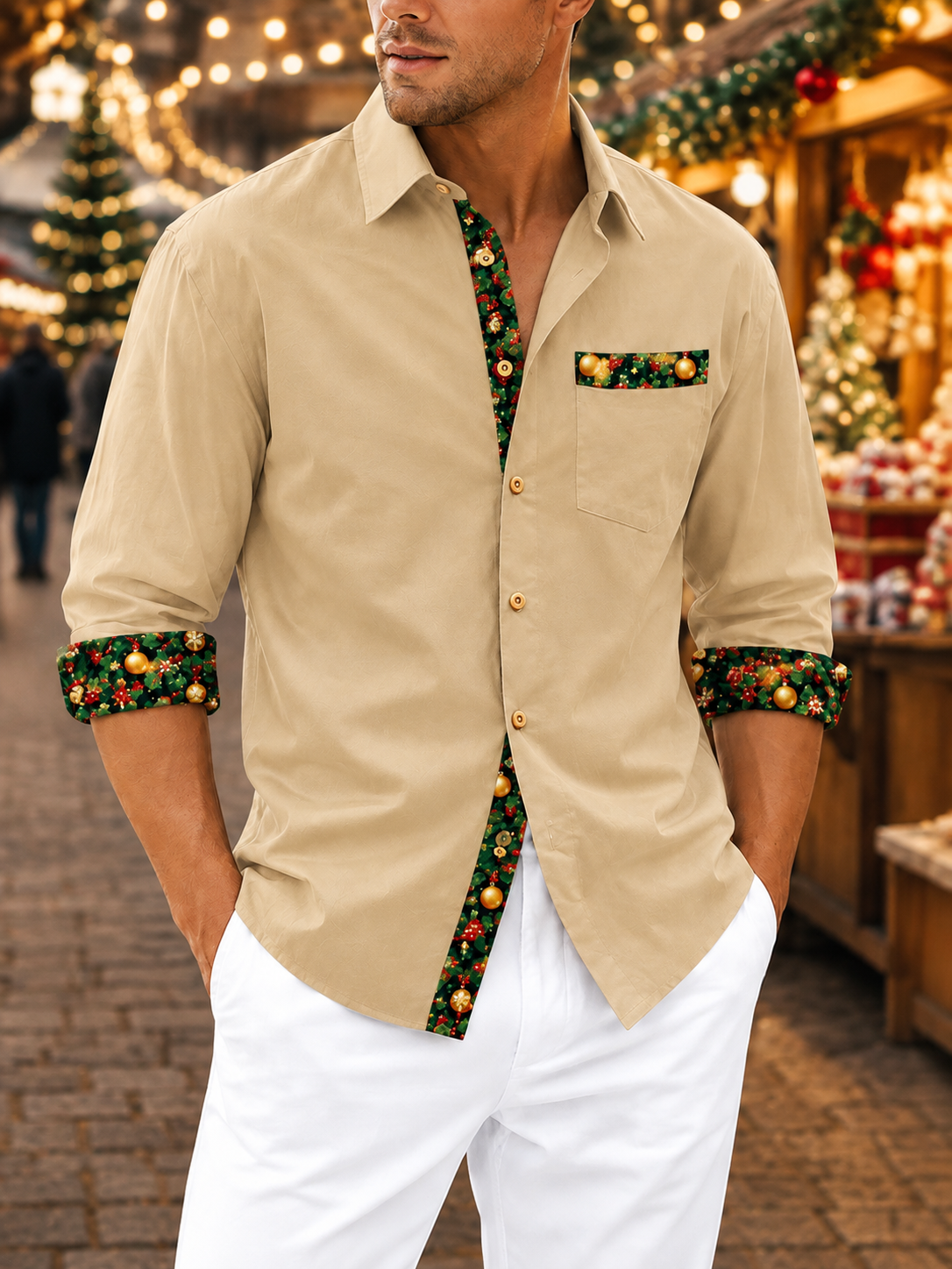 Moisture-Wicking Solid-Color Patchwork Christmas-Themed Chest Pocket Long-Sleeve Casual Shirt