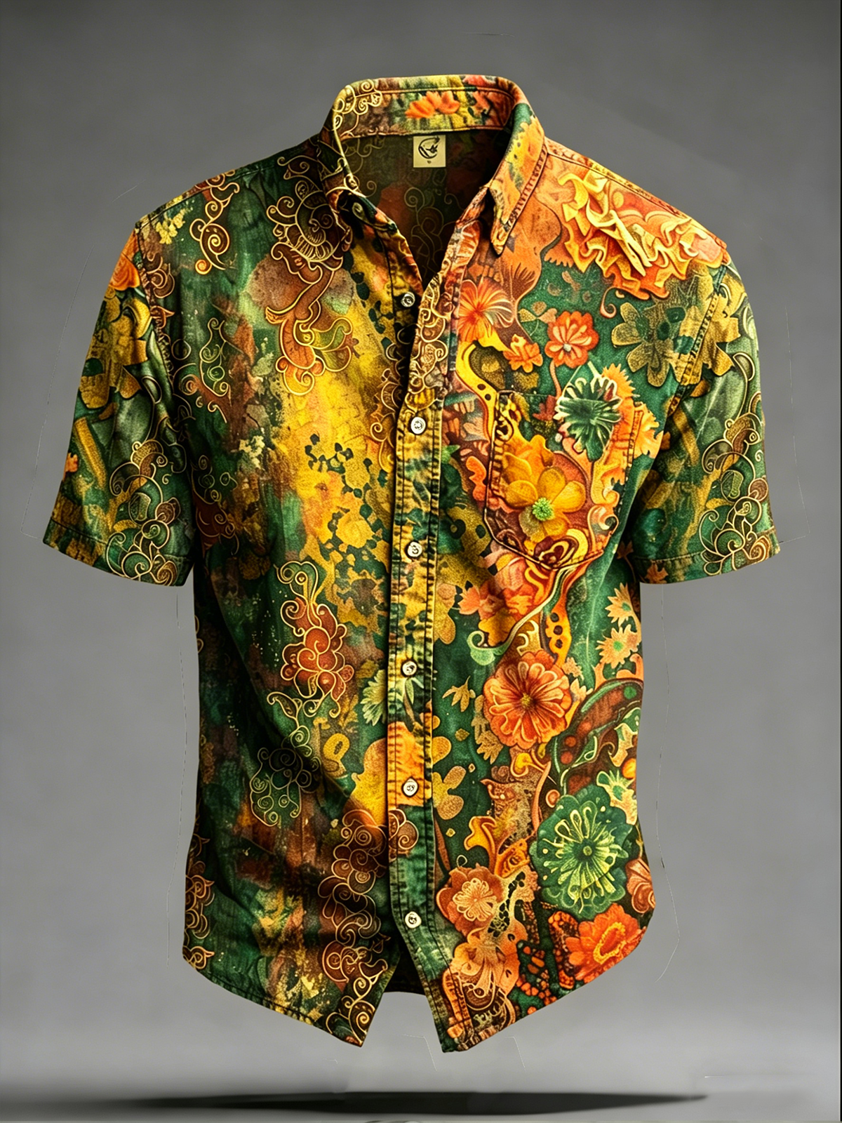 Moisture-Wicking Abstract Gradient Floral Print Chest Pocket Hawaiian Shirt
