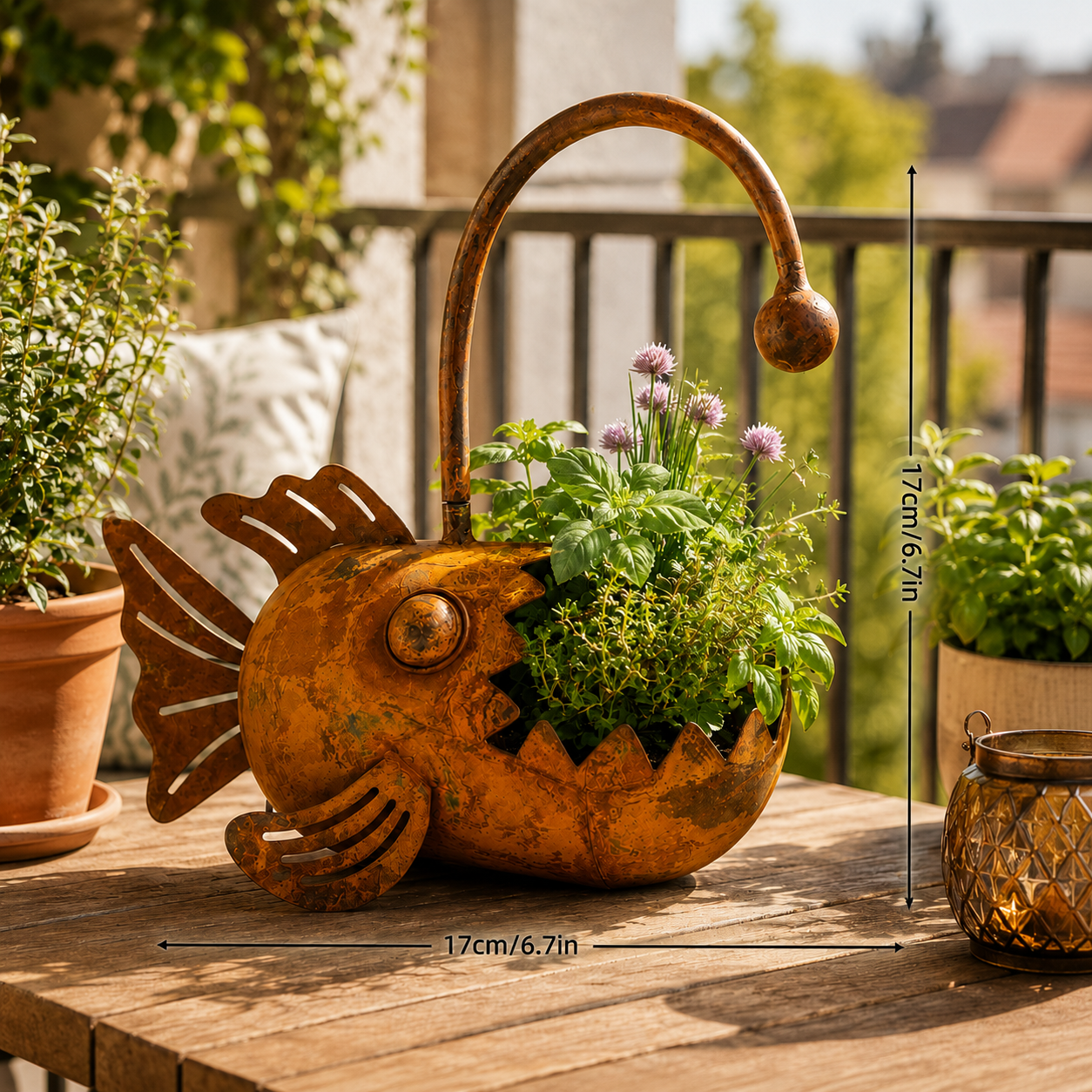 Rustic Metal Fish Planter – Whimsical Anglerfish Flower Pot for Home, Garden & Patio Decor