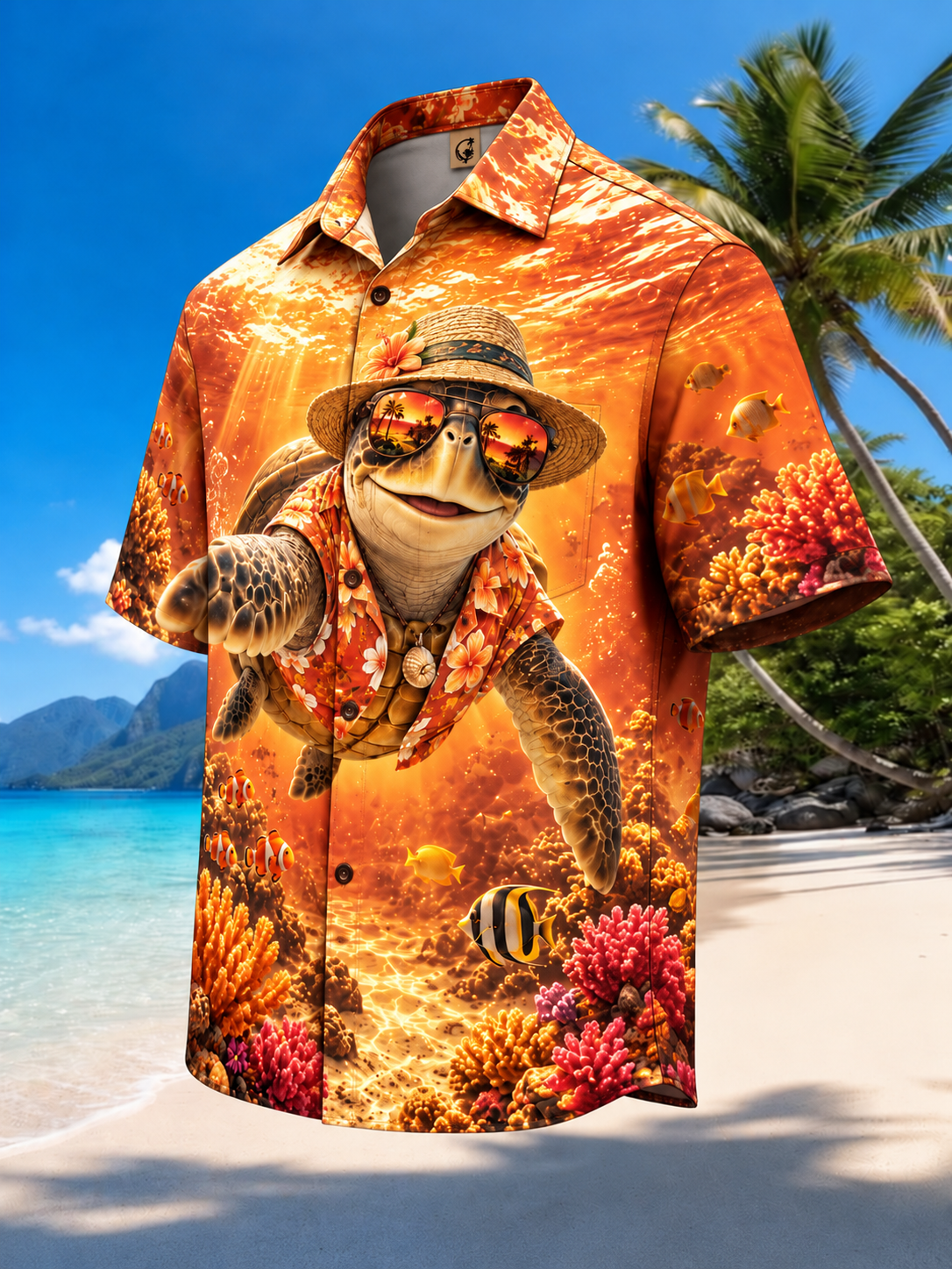 Moisture-Wicking Funny Sea Turtle Straw Hat Sunglasses Underwater Coral Reef Tropical Fish Chest Pocket Hawaiian Shirt