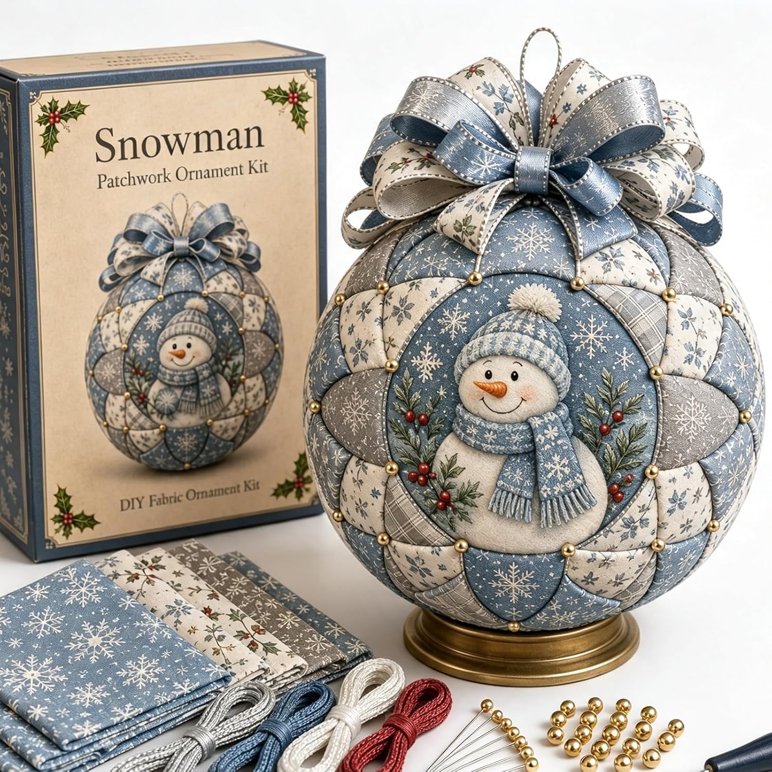 Christmas Classics Patchwork Ornament DIY Kit - Handmade Fabric Holiday Decor - Snowman, Santa & More