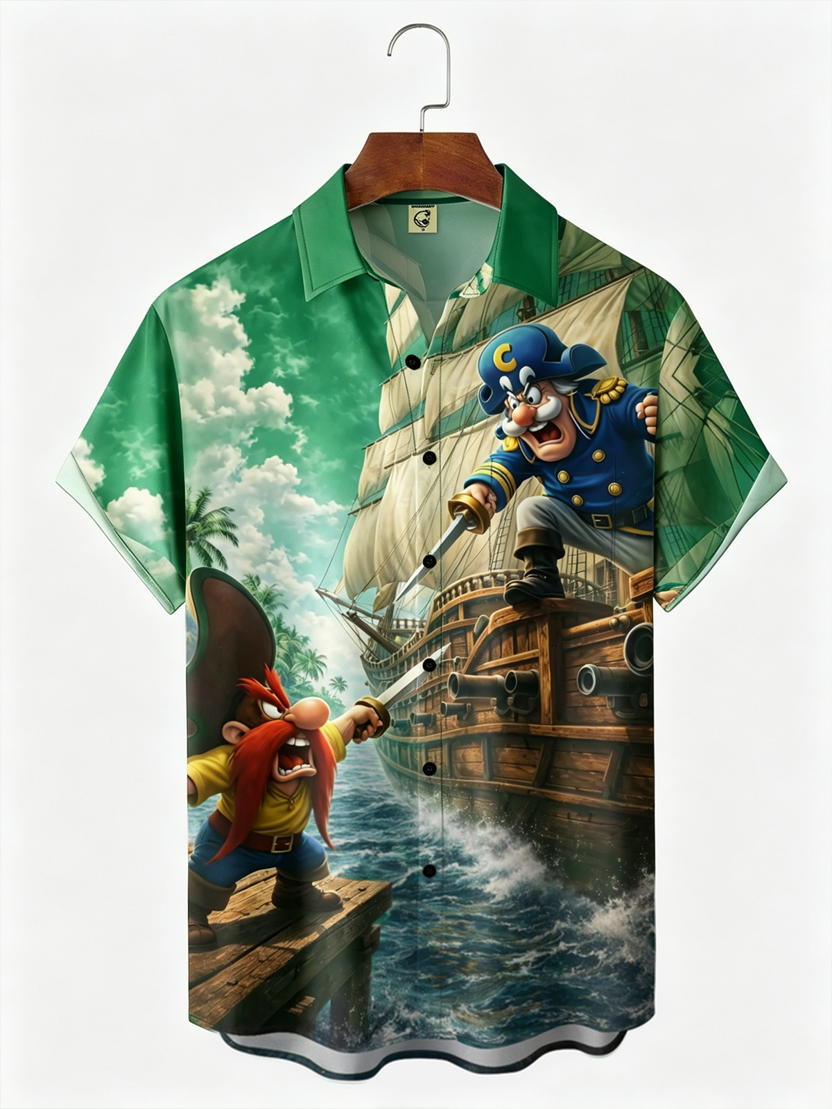 Moisture-Wicking Gradient-Color Dueling Pirates & Sailboats Design  Chest Pocket Hawaiian Shirt