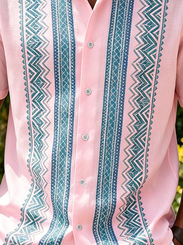Linen-Texture Abstract Striped Chest Pocket Casual Guayabera Shirt