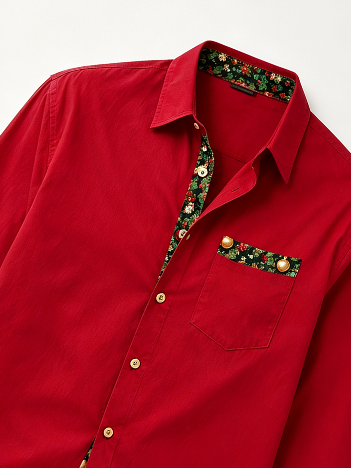Moisture-Wicking Solid-Color Patchwork Christmas-Themed Chest Pocket Long-Sleeve Casual Shirt