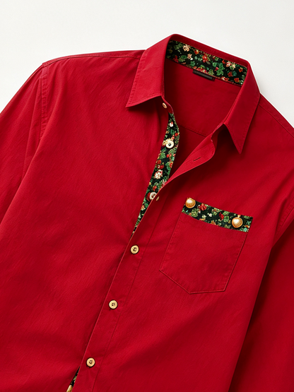 Moisture-Wicking Solid-Color Patchwork Christmas-Themed Chest Pocket Long-Sleeve Casual Shirt