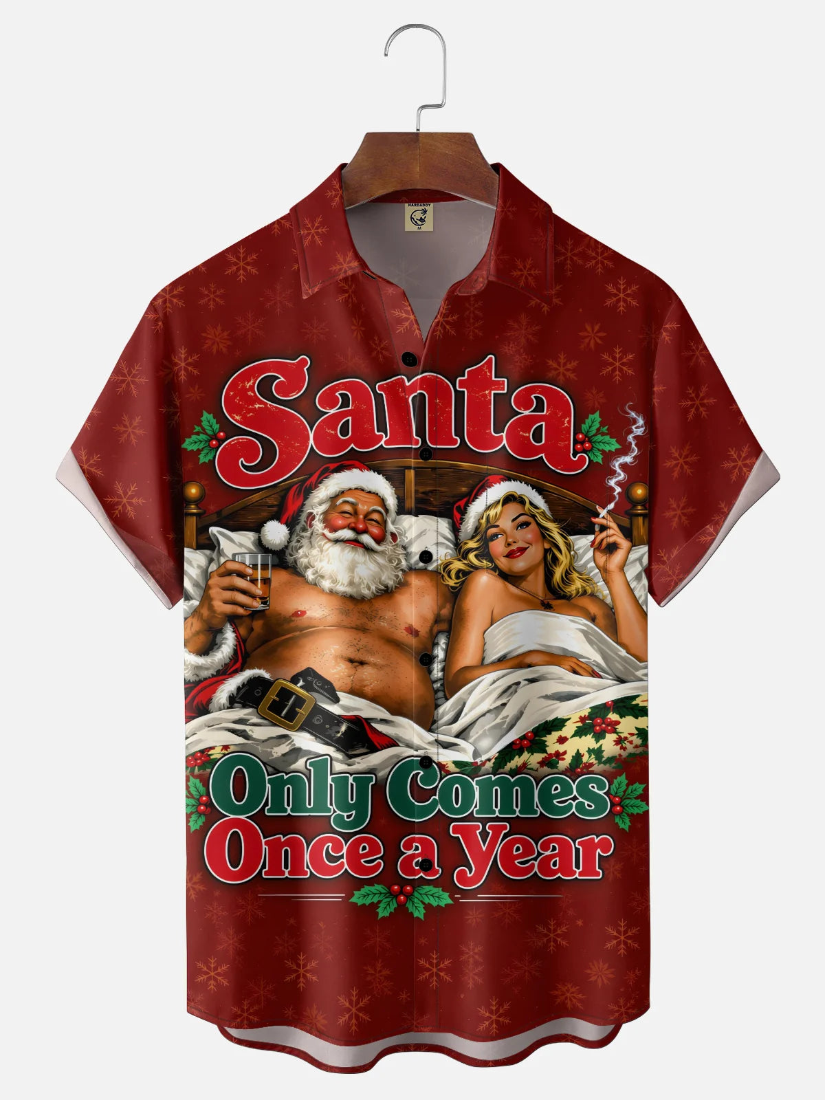Moisture-Wicking Christmas Santa "Only Comes Once a Year" Chest Pocket  Hawaiian Shirt