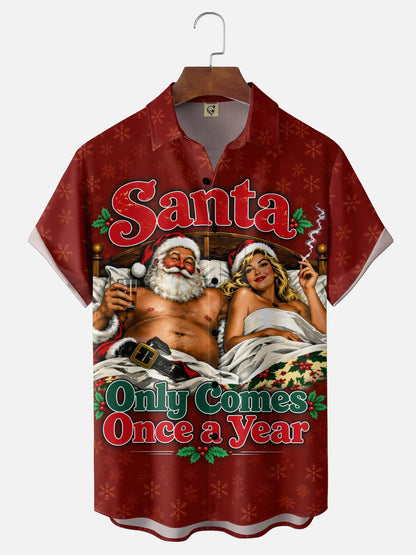Moisture-Wicking Christmas Santa "Only Comes Once a Year" Chest Pocket  Hawaiian Shirt