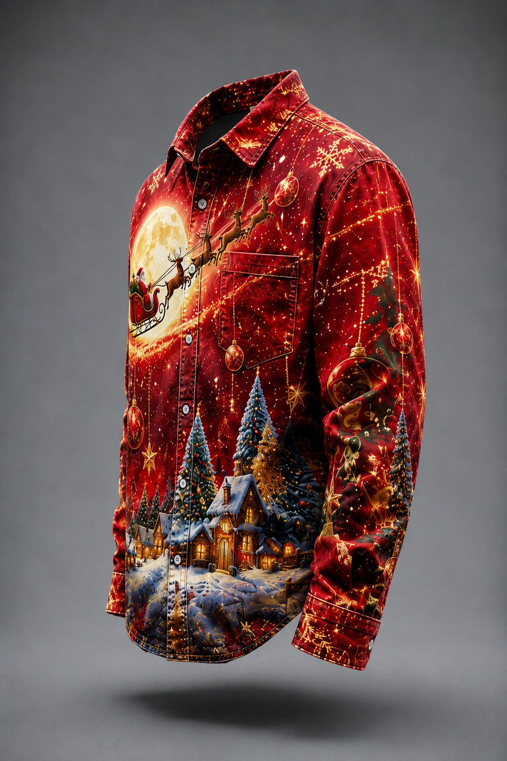 Moisture-Wicking  Christmas Santa Reindeer Tree  Chest Pocket Long-Sleeve Casual Shirt