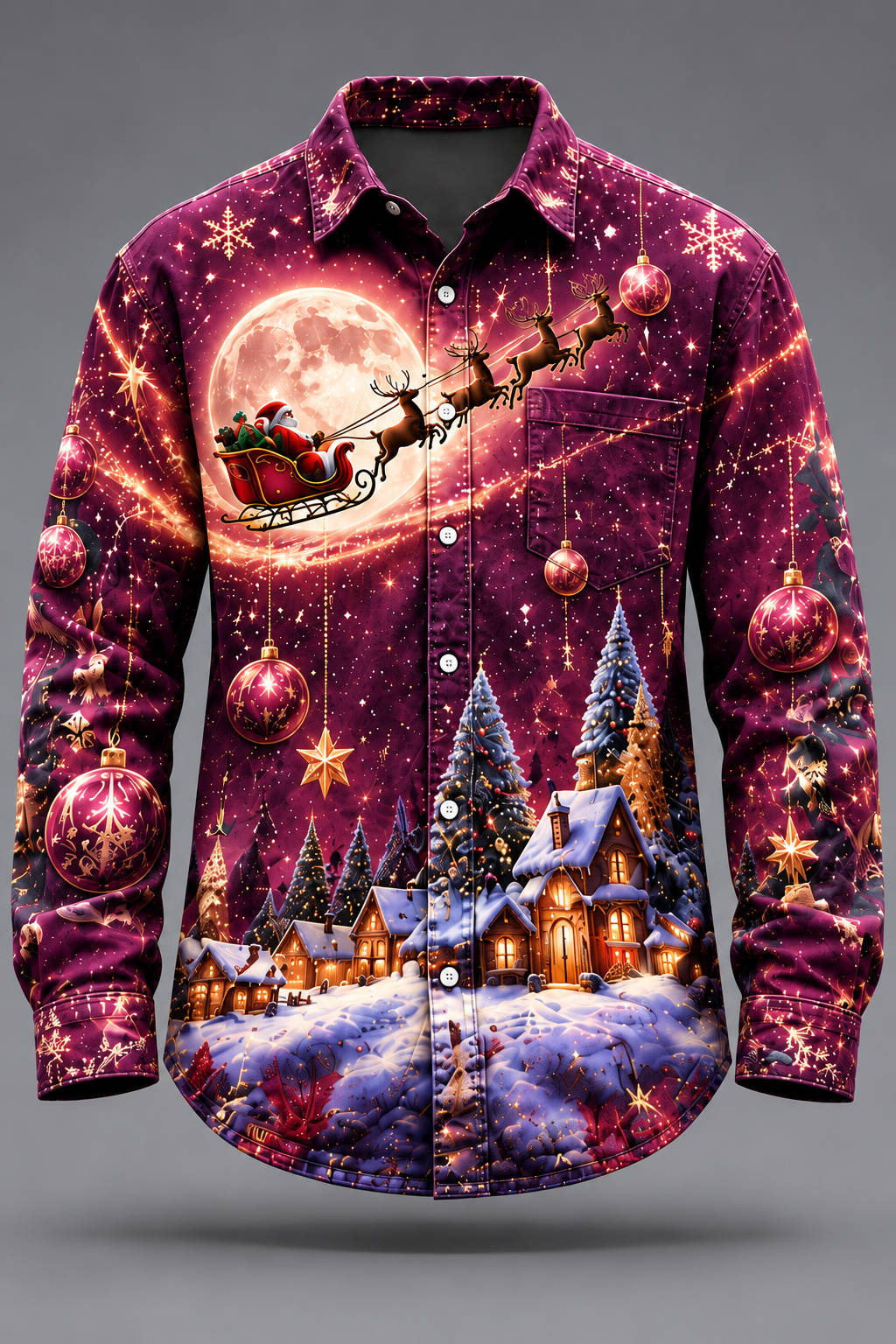 Moisture-Wicking  Christmas Santa Reindeer Tree  Chest Pocket Long-Sleeve Casual Shirt