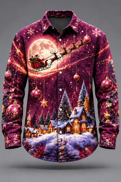 Moisture-Wicking  Christmas Santa Reindeer Tree  Chest Pocket Long-Sleeve Casual Shirt