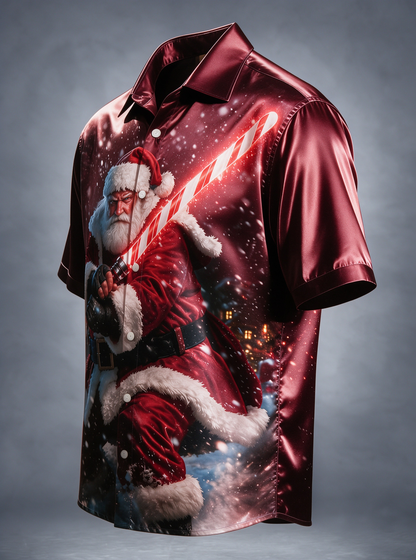 Breathable Silk Satin Christmas Sci‑Fi Warrior Santa Claus Candy Cane Lightsaber Winter Snow Scene Ocket Holiday Hawaiian Shirt