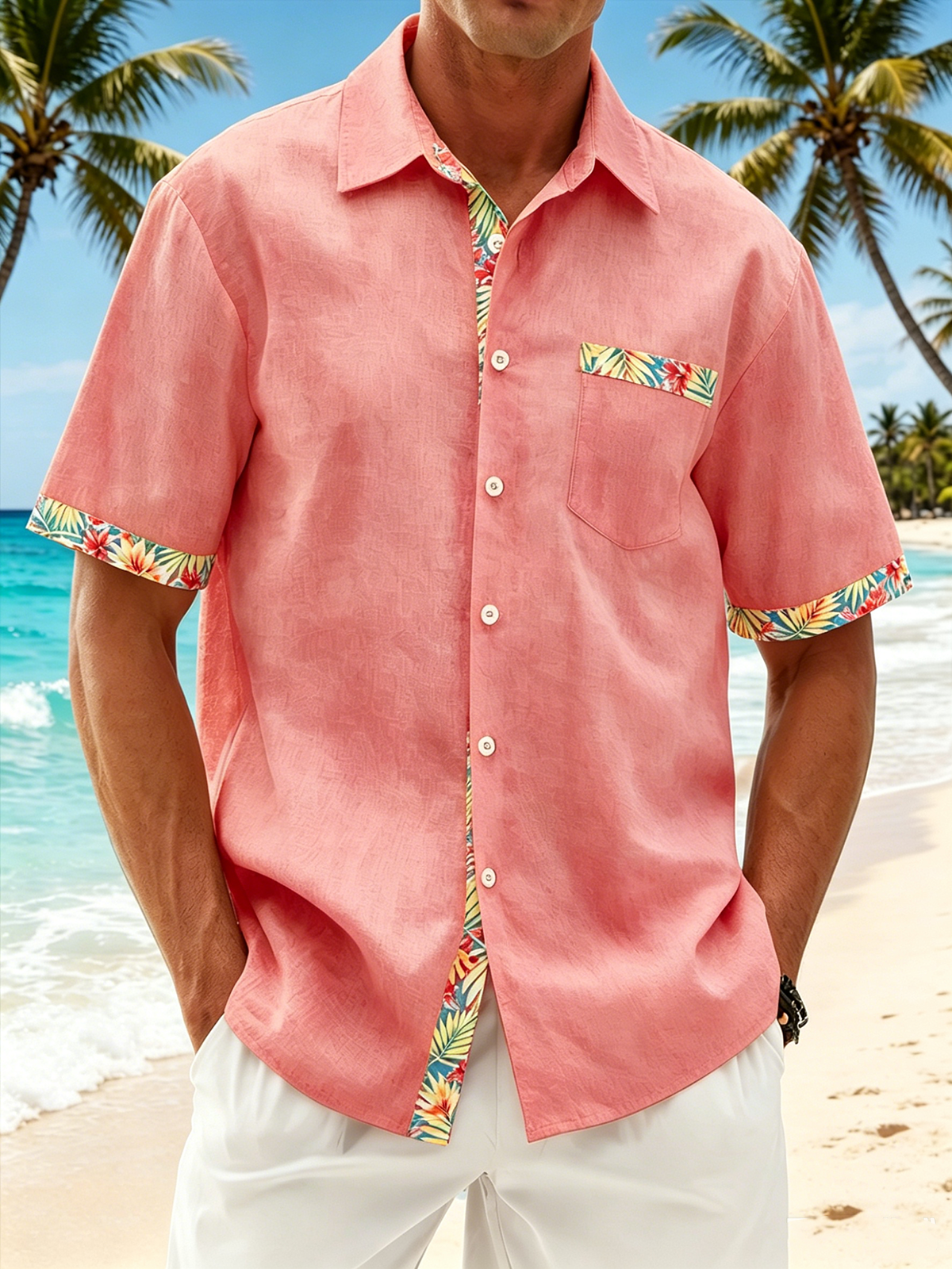 Linen-Textured Solid & Floral Patchwork Chest Pocket Hawaiian Holiday Shirt