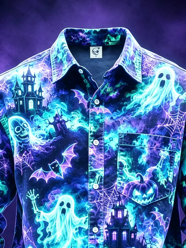 Moisture-Wicking Halloween Castle Pumpkin Ghost Bat Chest Pocket Long-Sleeve Casual Shirt