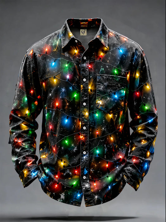 Moisture-Wicking Christmas Light-Print Chest Pocket  Long-Sleeve Casual Shirt