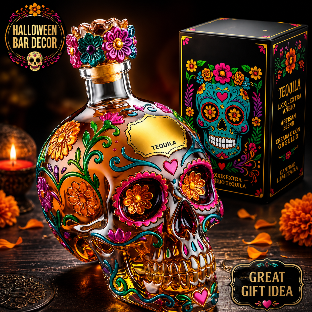 Gothic Floral Skull Glass Decanter Bottle – Day of the Dead Bar & Halloween Decor