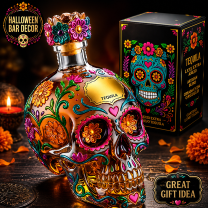 Gothic Floral Skull Glass Decanter Bottle – Day of the Dead Bar & Halloween Decor