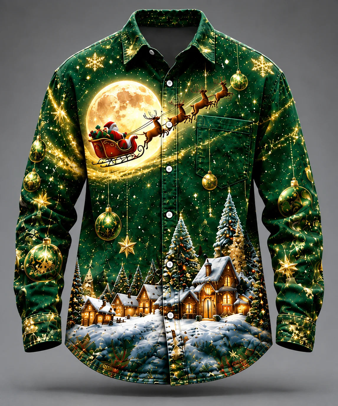 Moisture-Wicking  Christmas Santa Reindeer Tree  Chest Pocket Long-Sleeve Casual Shirt