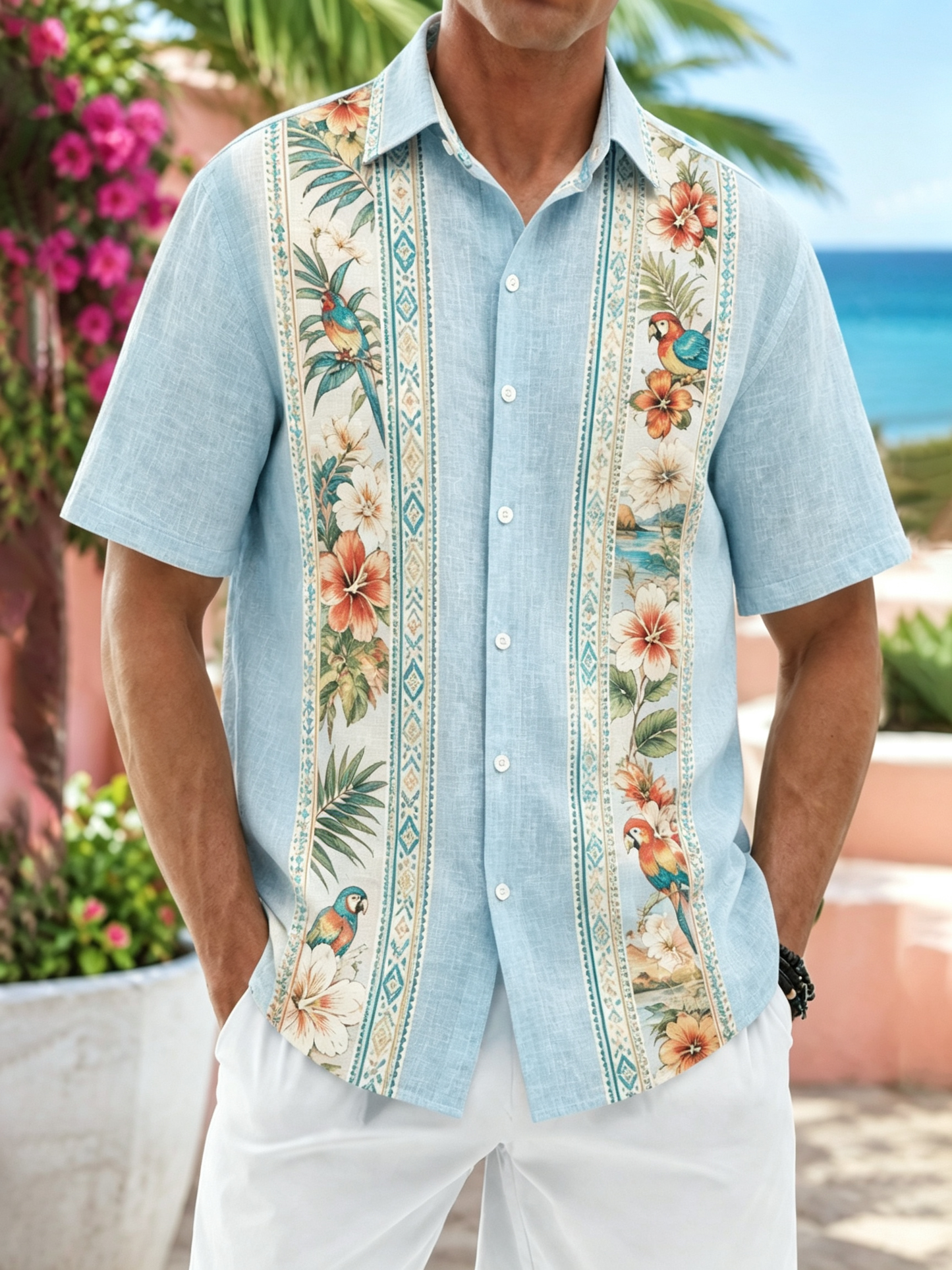 Linen-Texture Geometric Stripe & Parrot Floral Guayabera Shirt