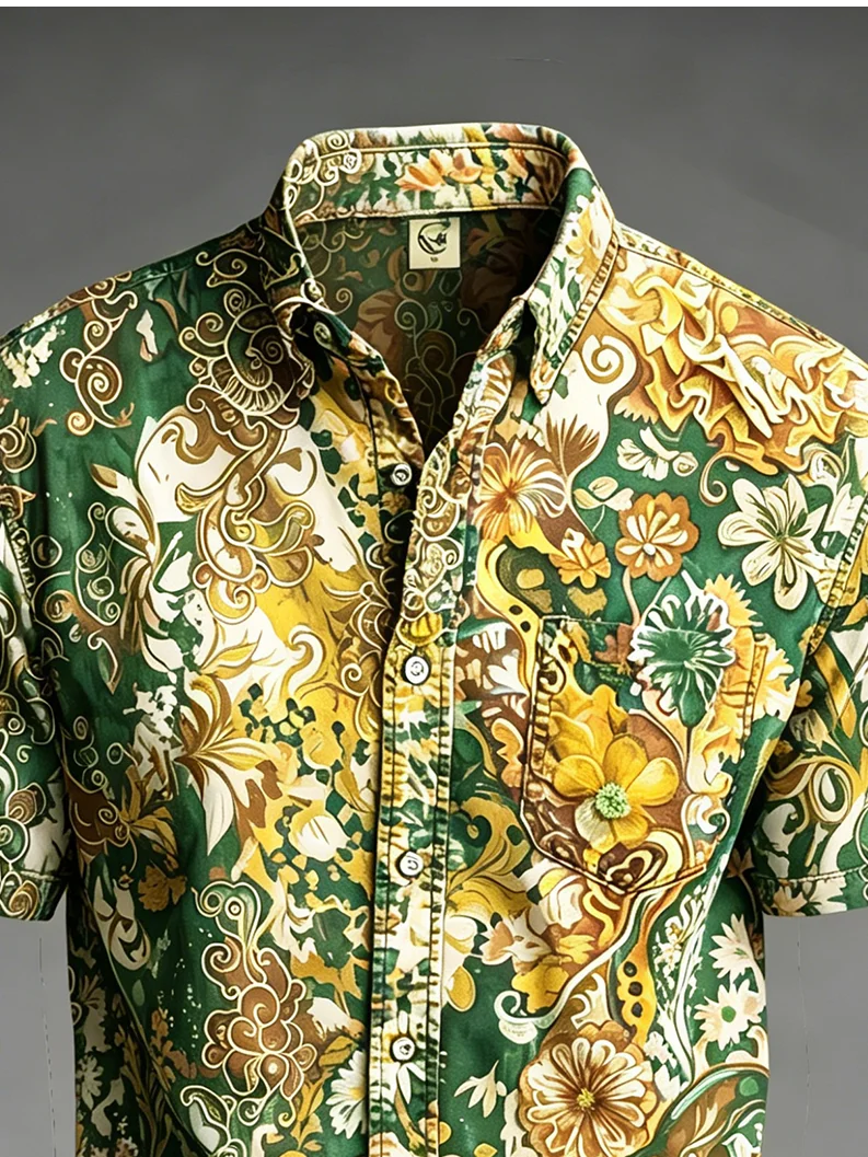 Moisture-Wicking Abstract Gradient Floral Print Chest Pocket Hawaiian Shirt